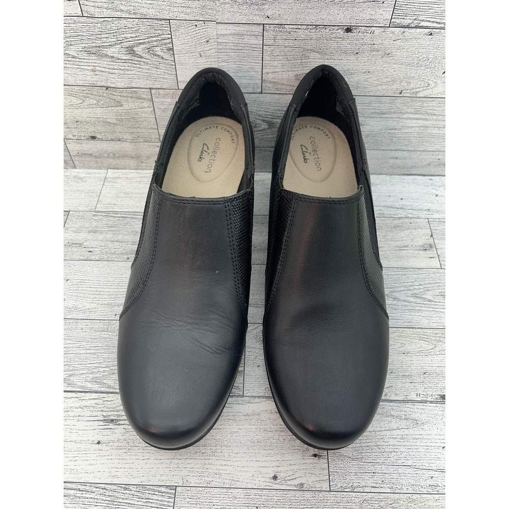 Clarks Shoes Womens Size 9 Black Ultimate Comfort Block Heel Slip On Leather